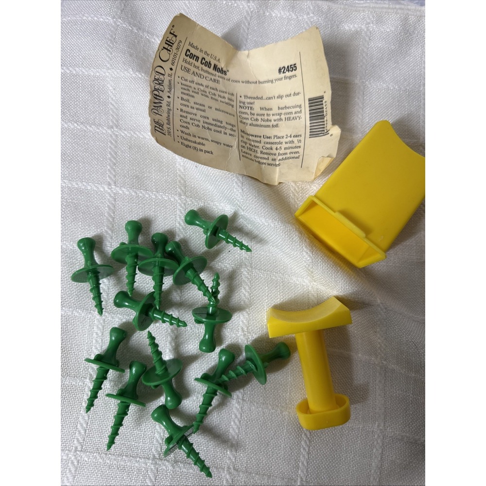 Pampered Chef Screw Knob Corn Cob Holders Green Set of 6 & Butter Holder Vintage